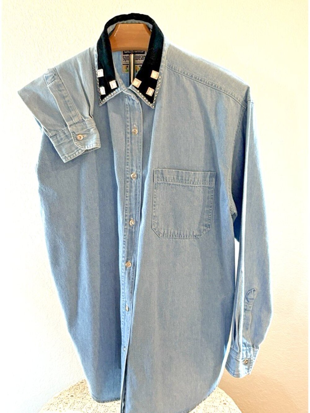 Sportswear Denim Button Front Shirt Studded Black Collar Blue